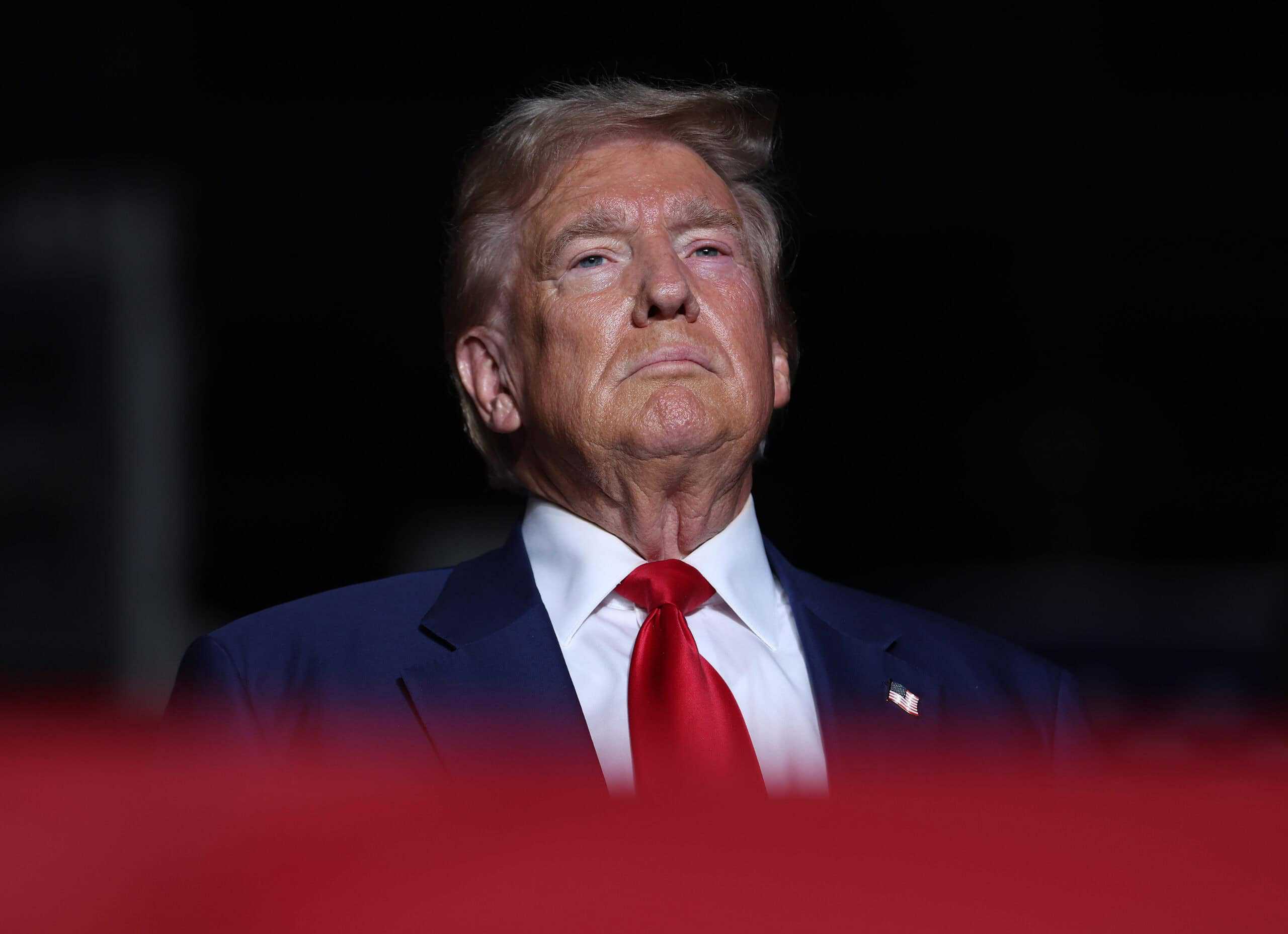 LAS VEGAS, NEVADA - SEPTEMBER 13: Republican presidential nominee, former U.S. President Donald Trump, looks one during a campaign rally at The Expo at World Market Center Las Vegas on September 13, 2024 in Las Vegas, Nevada. With 53 days before election day, Former President Trump continues to campaign.