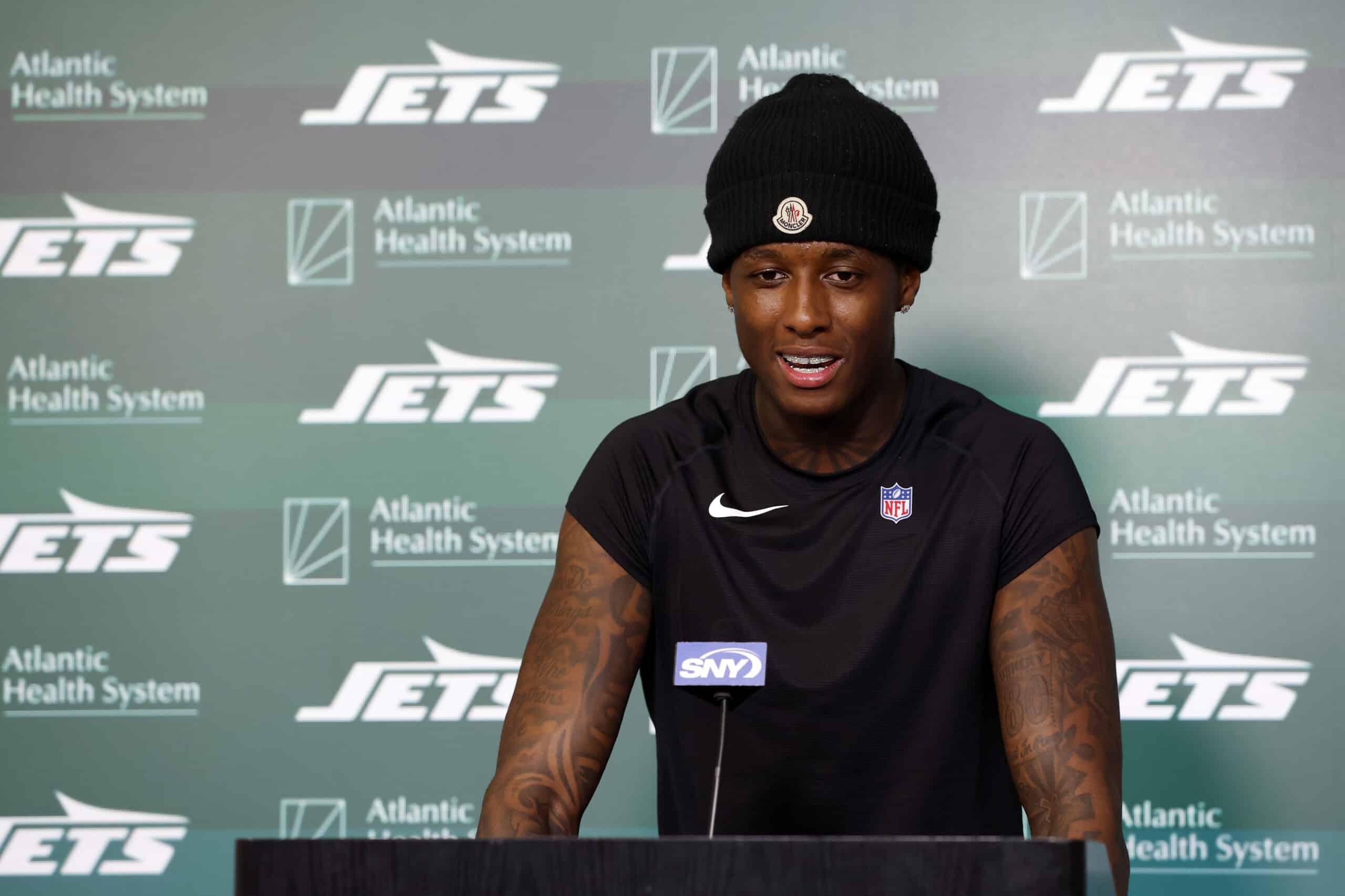 FLORHAM PARK, NEW JERSEY - MAY 21: Sauce Gardner #1 of the New York Jets speaks to the media during the New York Jets OTA Offseason Workout at Atlantic Health Jets Training Center on May 21, 2024 in Florham Park, New Jersey.